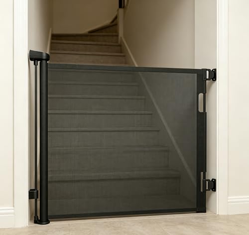 Dioxide Puerta Seguridad Retráctil para Bebés y Perros, 0-150cm Extensible Vallas para Perros, Barrera para Escaleras, Valla Seguridad Infantil Ideal para Pasillos y Puertas (Negro)
