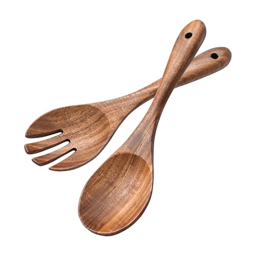 muso wood Salatbesteck Holz 2-TLG. 30.5cm Salatgarnitur Akazienholz Salatgabel und Salatlöffel Holzbesteck Küchenhelfer Langgriff Löffel Gabel