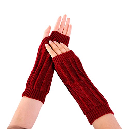 Sumen Women Winter Arm Warmer Knitted Fingerless Gloves Long Mittens (Wine Red)