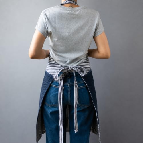Image of Kitchen Apron - 100% Cotton, Adjustable Neck strap, Large Pocket - Unisex Apron for Men & Women - Cooking, Baking, BBQ, Gardening - Solid Colours, Striped and Checkered Patterns
