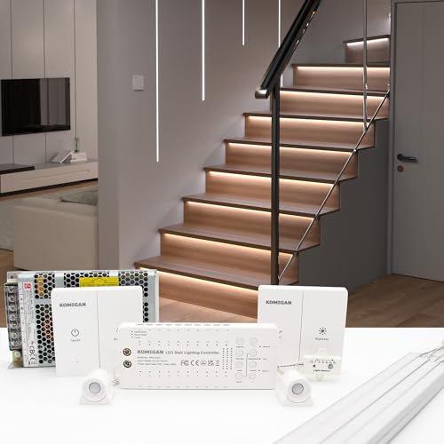 KOMIGAN Motion Sensor with Daylight Sensor LED Stair Light Kit KMG-4233, Multiple Functions with Switch Panel Control, 23.6 Inches Light Bar for Indoor Use (Cool White 6000K, 16 Stairs)