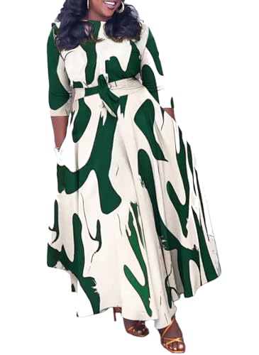 Image of Hostoyo Women Plus Size Formal A Line Maxi Dress Self Tie Waist with Pockets Elegant Round Neck Swing Long Dresses