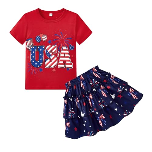 Image of Little Girls Skirt Set - 2 Piece Short Sleeve Top Shirred Tiered Skirt Outfit Girls Spring Summer Clothes 3-8 Years