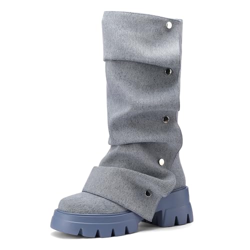 Women's Platform Mid-Calf Boots Fold Over Slouchy Style with Removable Ruched Panel Round Toe 3-In Chunky Heel Boots