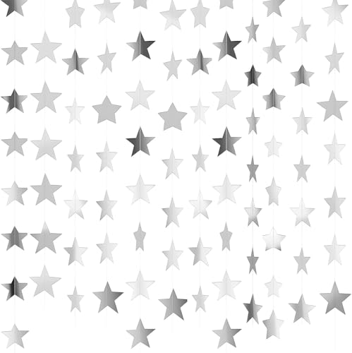 26 Feet Reflective Star Paper Garland - Sparkling Star Bunting Banner Hanging Decoration Sparkling Bunting Banner - for Birthday Holiday Wedding Anniversary Theme Party Supplies (silver)