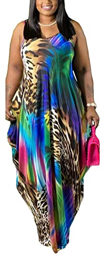 Image of BFFBABY Women's Casual Maxi Dress Sleeveless Tie Dye Spaghetti Strap Summer Plus Size Swing Sundress with Pockets