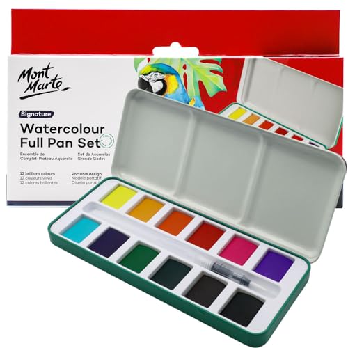 Mont Marte Watercolor Set Full Pan Signature 13pc in Tin, Vibrant, Multi-Color with Translucent Finish, Portable Watercolor Set
