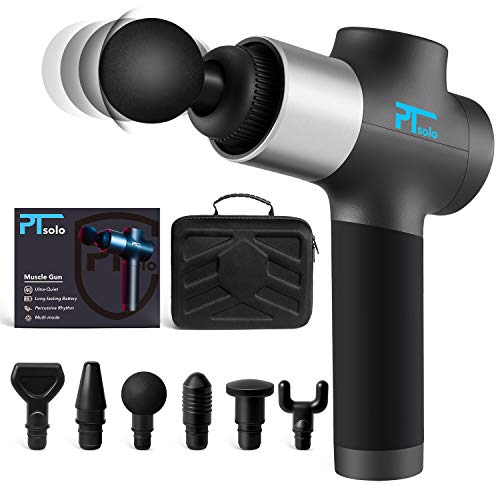 Massage Gun for Athletes, Deep Tissue Muscle Massage Gun Quiet for Pain Relief, Portable Body Massager with Comfort Grab Feel and Wear Resistant, 20 Speed Adjustable and 6 Different Heads, by PTsolo
