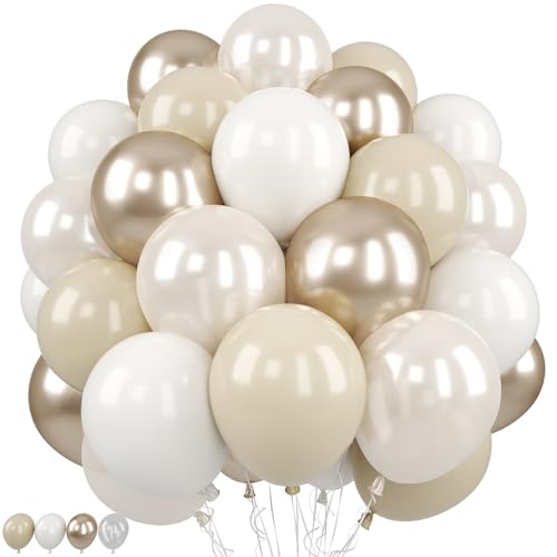 Image of Beige White Pearl Balloons, 50PCS Nude Metallic Champagne Gold Cream White Double Stuffed Balloon Neutral Ballons for Birthday Boho Wedding Anniversary Engagement Party Decoration