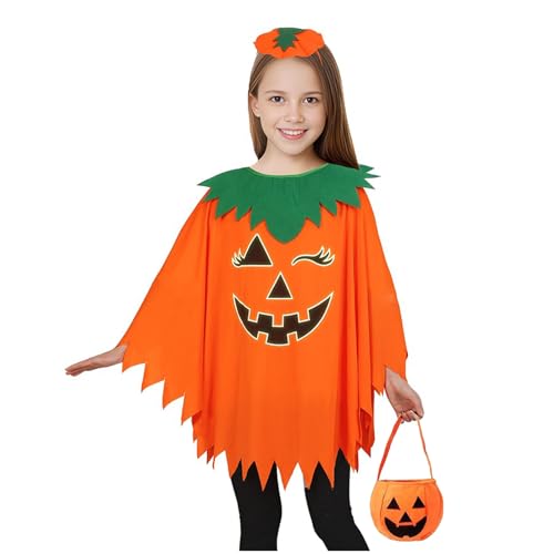 CharmBurst Ensemble de 3 Pièces Costume de Citrouille Femme, Cape de Citrouille Orange avec Chapeau et Sac de Citrouille, Costume de Citrouille Halloween pour Enfants avec Accessoires, Décoration de