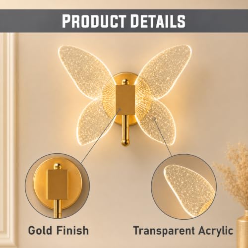 Image of One94Store Luxury Butterfly LED Wall Sconce | Glittery Decorative Wall Light for Bedroom, Bedside & Living Room | Elegant Indoor Wall Lamp | 3 Colour Mode | Premium Home Decor Lighting