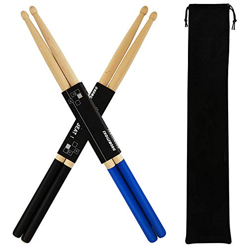 Teakddha Drum Sticks Set 2 Pair 5A Anti-Slip Drum Sticks Classic Maple Wood with a Velvet Drawstring Bag for Great Gift(1black 1blue)