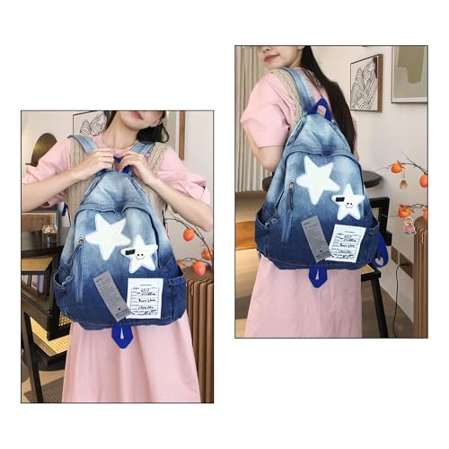 Vintage Y2K Backpack, Heavyweight Denim Grunge Bookbag for women men, Aesthetic Daypack for Travel Concerts (Blue)2