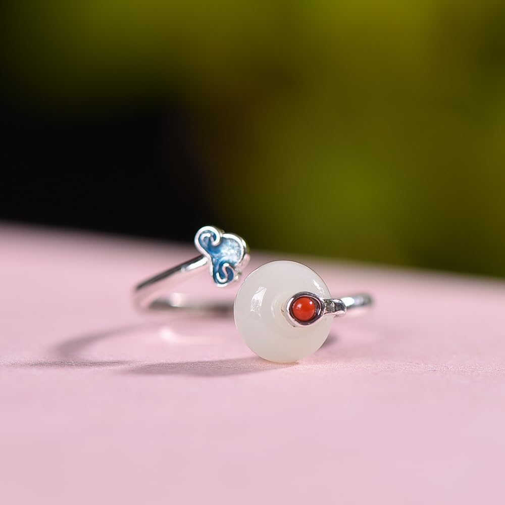 S925 Silver Inlaid Natural White Jade Ping An Buckle Enamel Ring Adjustable Opening Including Certificate 1