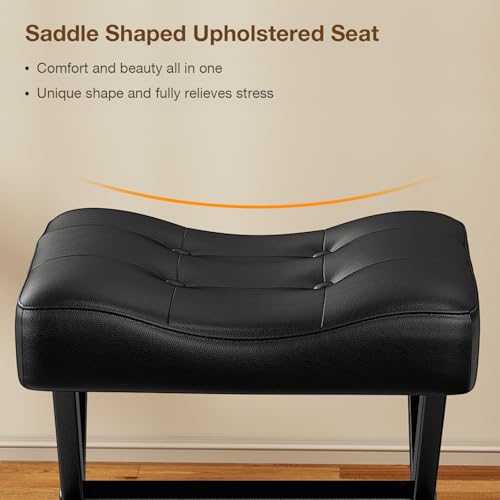 Image of Memobarco 18-Inch Large Leather Vanity Stool, Vanity Chair with Metal X-Leg, Ottoman Accent Stool with Thick Padded Saddle Seat, Black