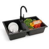 Lavello Cucina a 2 Vasche in Agglomerato Cementizio, con o senza Gocciolatoio Lavandino Cucina Nero o Bianco da Incasso, Rubinetto Miscelatore Incluso (Nero, Senza Gocciolatoio)