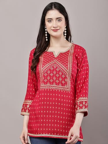 Image of Women's Pink Printed Short Kurti with Lace Trim, 3 /4 Sleeves, Ethnic Indian Style Top