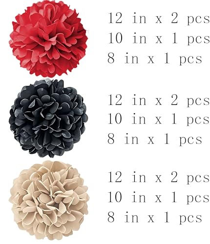 Image of Tissue Paper Pompoms Paper Flower 12 Pcs ，Gold Red and Black, Paper Flower Ball for Birthday Party Baby Shower Bridal Shower Celebration Party Decoration