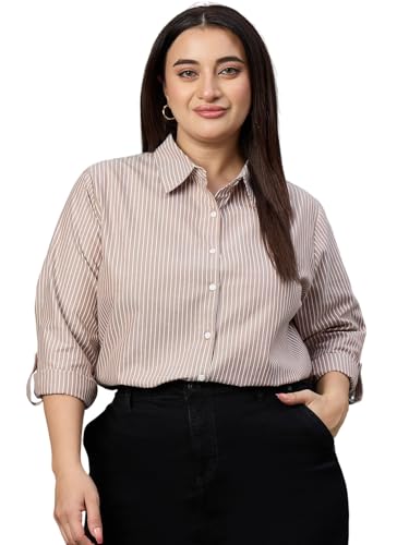Image of Style Quotient Plus Women Blue and White Stripe Polycotton Regular Formal Shirt