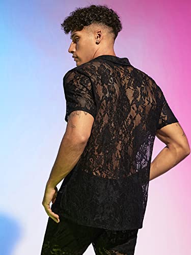 WDIRARA Men's Floral Mesh Tee Top Sheer Round Neck Short Sleeve T Shirts2