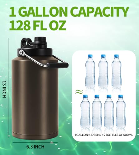 Image of Insulated Water Bottle,1 Gallon Jug with Handle, 128oz Stainless Steel, Large Water Wide Mouth Bottle for Hot & Cold Drinks, Ideal for Travel, Camping, Family (Dark Khaki)