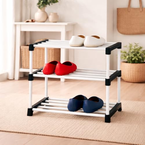 Image of PLX 3 Tier Plastic Shoe Rack for Home, Stackable Shoe Organizer Shelf Stand, Space Saving Footwear Storage Rack for Bedroom, Closet & Entryway, White