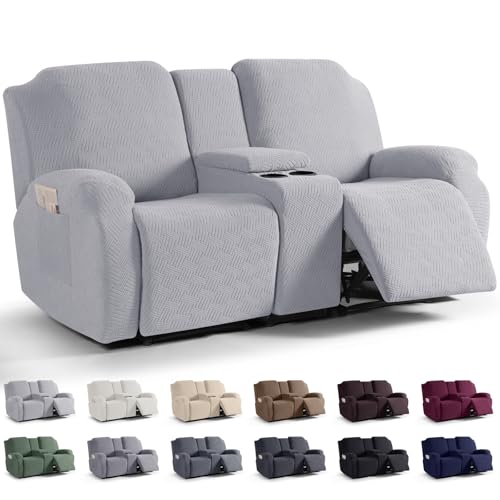 Image of KinCam Loveseat Recliner Covers with Middle Console Slipcover, Recliner Sofa Covers 2 Seat Couch Cover Stripe Jacquard Furniture Protector Covers with Elastic Bottom for Kids, Pets (Silver Gray)