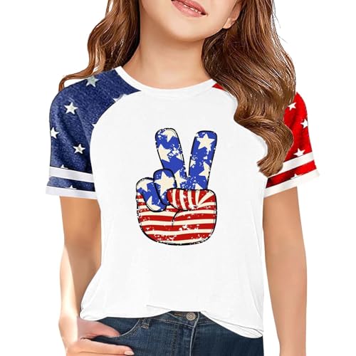 Girls 4th of July USA Shirt American Flag Patriotic Heart Print T-Shirt Independence Day Outfit for Kids