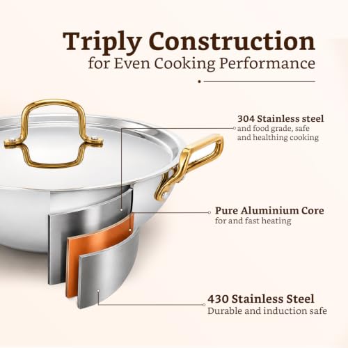 Image of Amazon Brand - Solimo Premium Triply Stainless Steel Kadhai 22cm (1.8L) | SS Lid | Even Heating | Gas & Induction Compatible | Dishwasher Safe | Food Safe SS 304 | Elegant Golden Handles | BIS Certified