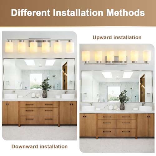 Image of 6-Light Bathroom Light Fixtures, Modern Vanity Lights, Brushed Nickel Metal Wall Lamp with White Marble Glass for Bathroom, Mirror, Living Room, Bedroom, Cabinet, Porch, Hallway, E26 Base