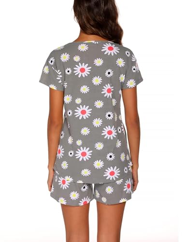 ENJOYNIGHT Pyjama court pour femme en coton à manches courtes - Ensemble de 2 pièces avec haut et pantalon - Vêtement de nuit d'été - Idéal pour la maison, Fleur grise., L – vue 5