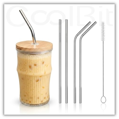 Image of COOLBIT 350ml Glass Tumbler with Bamboo Lid & 4 PCS Stainless Steel Straw+Cleanig Brush, Reusable Ribbed Drinking Glass Cup for Coffee, Juice, Smoothies & Water.