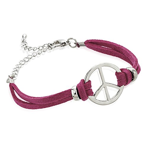 Chuvora Zinc and Pink Suede Leather Cord Peace Sign Double Strand Wrap Bracelet, Jewelry for Women & Girls