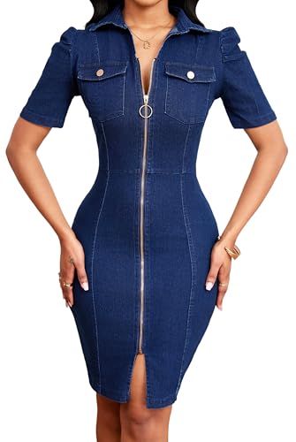 Image of SeNight Women's High Waist Denim Mini Skirt Frayed Hem Stretchy | High Waist Denim Mini Skirt Frayed Hem Stretchy Bodycon Jean Skirt with Button