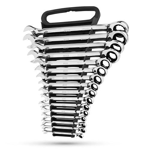 Jaeger 16pc MM/Metric Reversible Ratcheting Combination Wrench Set With Lock-In Rack - REVERSIBLE MASTER SET With Ratchet Speed Wrenches And A Lock-In Rack Case