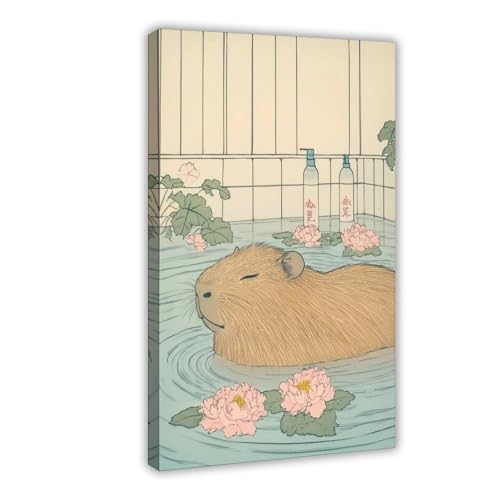 Poster Capybara Bain Ukiyoe Toile Décoration Murale Japonaise Chambre 40x61cm