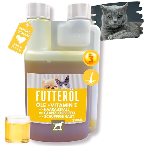 EMMA Barf Leinöl Hunde & Katzen – Omega-3 Öl Hund & Katze 0,25 l – Barf Öl mit Leinöl, Distelöl, Nachtkerzenöl, Vitamin E – Haut & Fell, Fellwechsel, Anti-Juckreiz, natürlicher Barf Zusatz