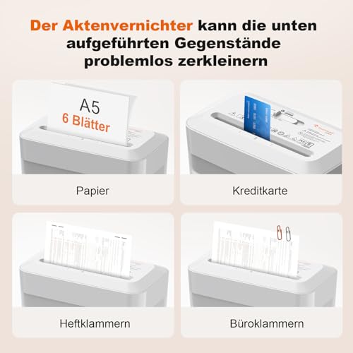 Bonsaii Aktenvernichter, 6 Blatt (A5) Kreuzschnitt, P-4 Hochsicherheit mit 6L Behälter, für Papier, Kreditkarten, Büro- & Heftklammern, C292-A