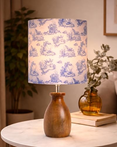 Image of Homesake Wooden Table Lamp Bedside & Living Room Lamp | E27 Holder, Bulb Included | Warm Light | Desk Nightstand Light, Decorative Lamp for Bedroom, Study & Home Decor (KD Blue Printed Drum)