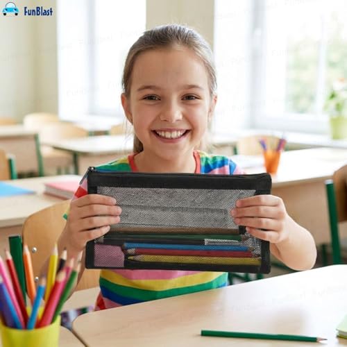 Image of FunBlast Mesh Pencil Case with Smooth Zipper, Single Layer Multi-Purpose Stationary & Pen Pouch for Boys & Girls, Transparent Stationary Bag, Organizer Pouch for Student (Black-C)