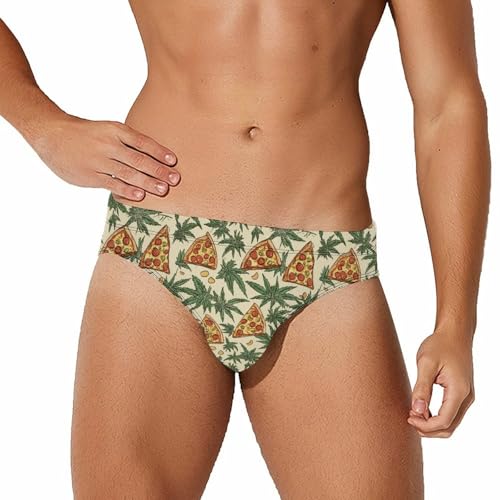 Weeds and Pizza Printed Swim Briefs for Men Sexy Bikini Swimwear Elastic Beach Trunks Bathing Suit