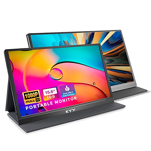 Image of KYY 15.6'' Portable Monitor Bundle [K3-1 Black & Gray] 1080P FHD USB-C Laptop Monitor HDMI Computer Display HDR IPS Gaming Monitor w /Smart Cover & Dual Speakers, for Laptop PC Phone PS4 Xbox Switch