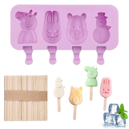 LACHT - Moldes de silicona para helado (4 unidades), grandes con tapa morada, tamaño magnum para tartas con 50 palitos de helado