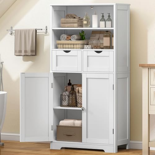 TEENFON 125cm Mueble Baño con 2 Cajones y Estante Ajustable, Armario de Baño para Toallas, Salón, Recibidor, Armario de Pie, 60x30x125 cm, Blanco