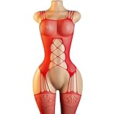 Sexy Bodystocking Crotchless Lingerie for Women, Fishnet Bodysuit Fish Net Body Suit Red, Onesize 90-165Lbs