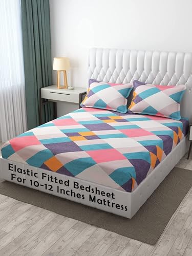 Image of DECOMIZER Cotton Feel Glace Cotton Elastic Fitted Printed King Size Double Bed Bedsheet With 2 Pillow Coverm Fits Upto 10 To 12 Inches Mattress,Size- 72X78X14 Inches,Multirect, 300 Tc