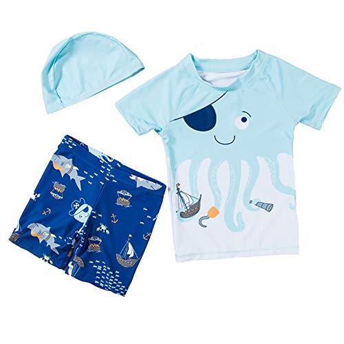 Toddler Boys Rashguards UPF 50+ Sun Protection Kids Two Pieces Cartoon Swimsuit Bathing Suits with Sun Cap (Blue, 3-4T)