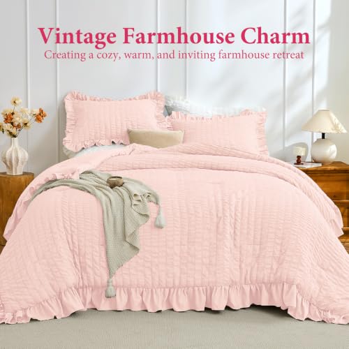 Image of JOLLYVOGUE Blush Pink Full Comforter Set,3pcs Seersucker Comforters Full Size