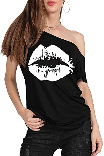 Magicmk Woman’s Off The Shoulder Lips Top Print Short Sleeve Cotton Sexy Fashion T-Shirt (M, Black+White1) #TOP3