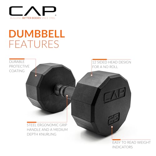 Image of CAP Rubber Coated Dumbbell Weights, Free Weights for Home Gym Strength Training, Anti-Roll Hex Dumbbells with Black, Chrome & Comfort Grip Handles, Singles